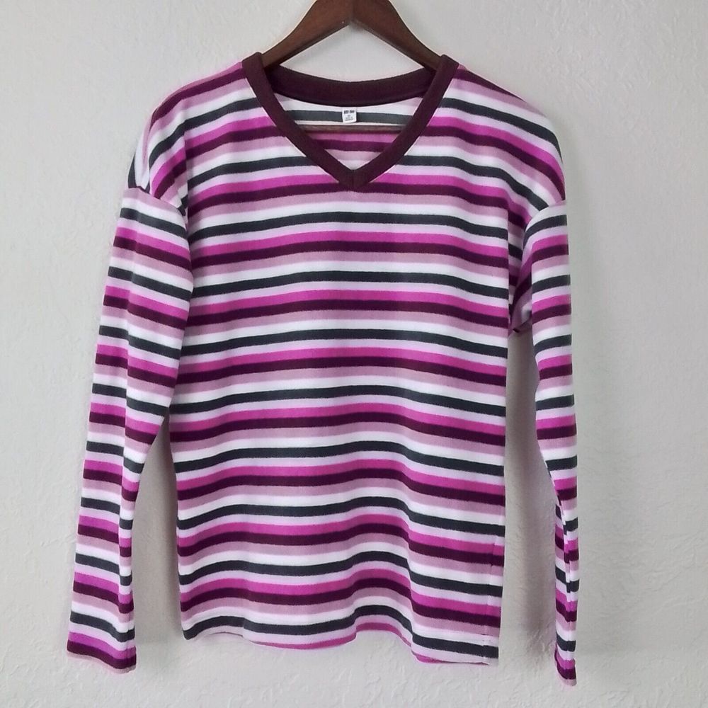 Uniqlo Fleece Striped Sweater XS Pink White Purple Long Sleeve V-Neck Pullover